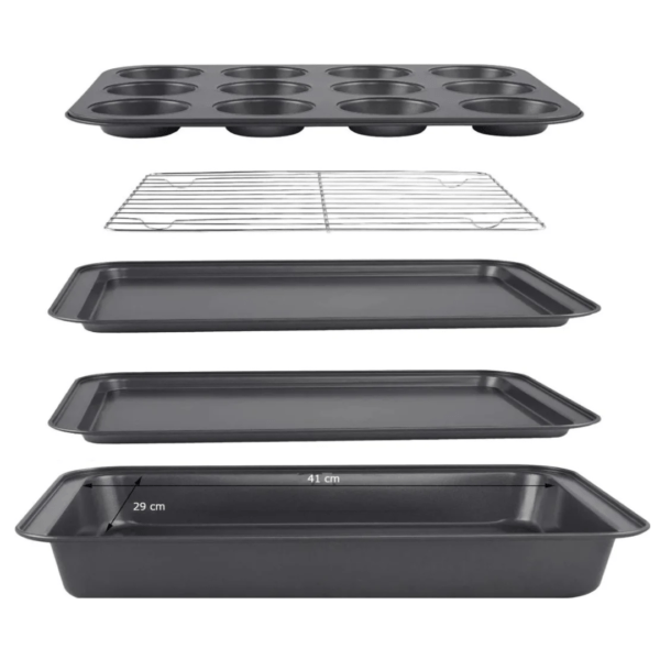 5-teiliges Backform-Set – Muffin, Kuchen, Keks, Bräter & Abkühlgitter – Schwarz – Antihaft