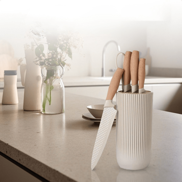 7-teiliges Küchenmesserset mit Schere – Antihaftbeschichtung und ergonomischen Griffen – Beige Holzoptik – Bild 4
