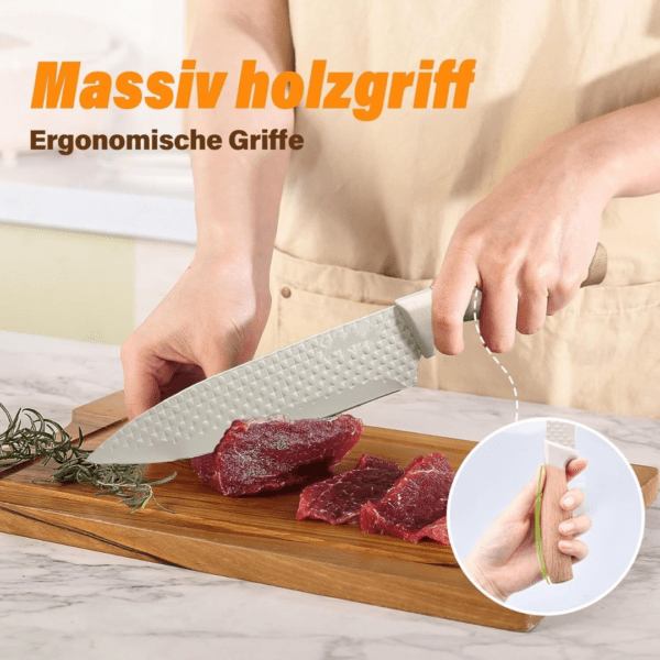 7-teiliges Küchenmesserset mit Schere – Antihaftbeschichtung und ergonomischen Griffen – Beige Holzoptik – Bild 5