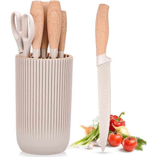 7-teiliges Küchenmesserset mit Schere – Antihaftbeschichtung und ergonomischen Griffen – Beige Holzoptik – Bild 2
