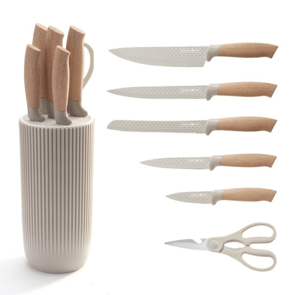 7-teiliges Küchenmesserset mit Schere – Antihaftbeschichtung und ergonomischen Griffen – Beige Holzoptik