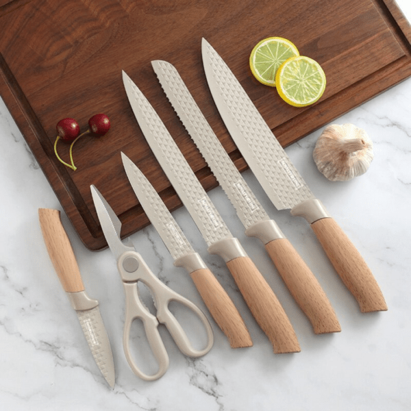 7-teiliges Küchenmesserset mit Schere – Antihaftbeschichtung und ergonomischen Griffen – Beige Holzoptik – Bild 3